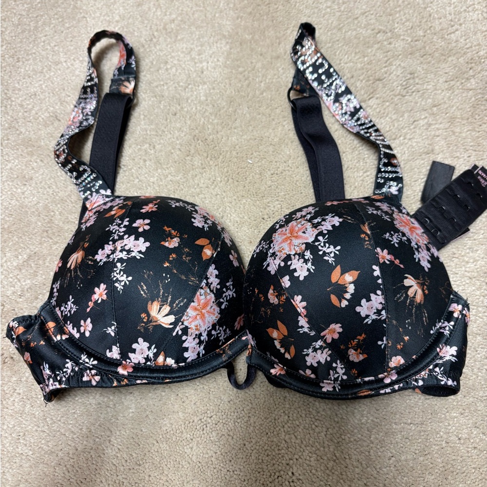Victoria Secret Floral Black Sequined Push-Up Bra 32A